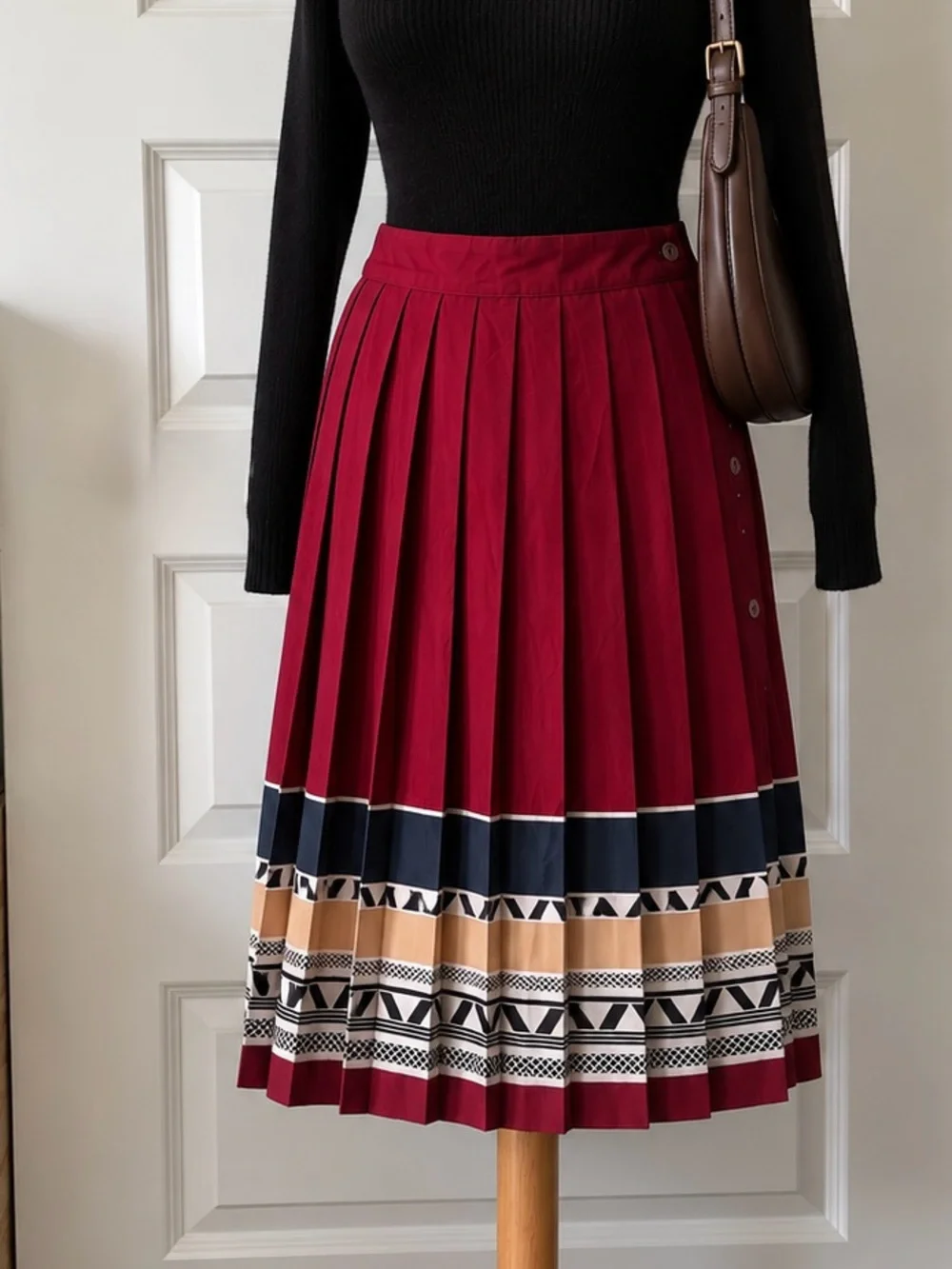 Vintage La Claiborne Pleated Knee-Length Skirt Burgundy Geometric Border Print